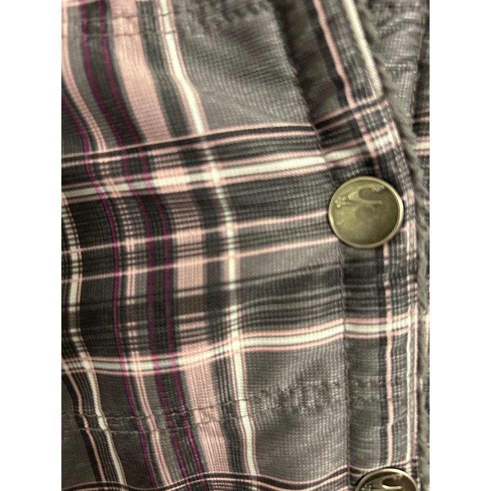 O'Neill Womens Plaid Hooded Puffer Vest Faux Fur Lined Grey Purple Large L - Picture 3 of 8